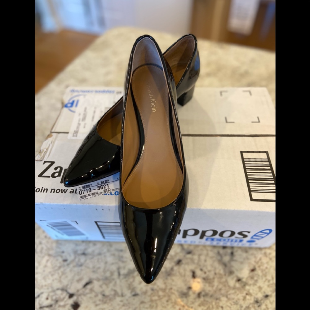 Calvin Klein black patent leather low heel